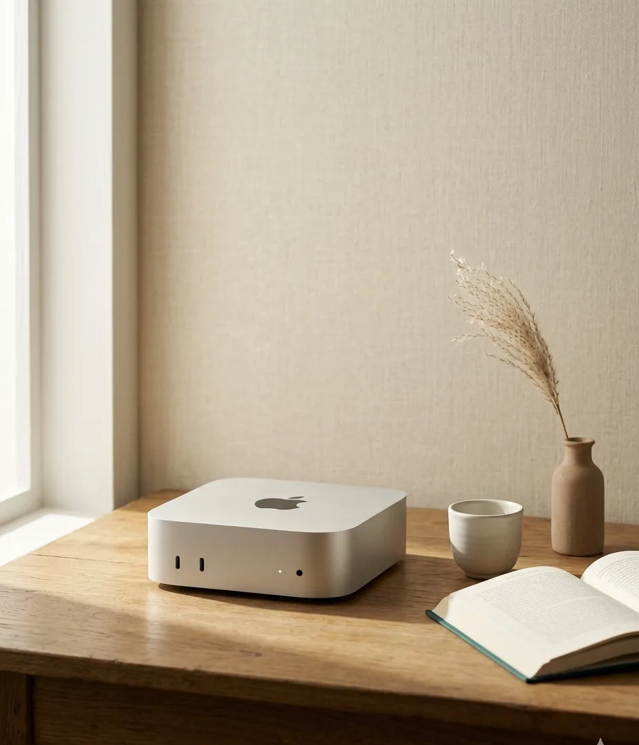 木製デスクの上に置かれた Mac mini